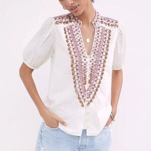 ANTHROPOLOGIE Forever That Girl Boho Cream Embroidered Beaded Peasant Top Blouse